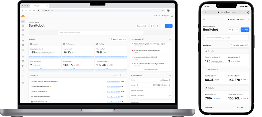 Final shipped Cloudflare Account Home on desktop and mobile