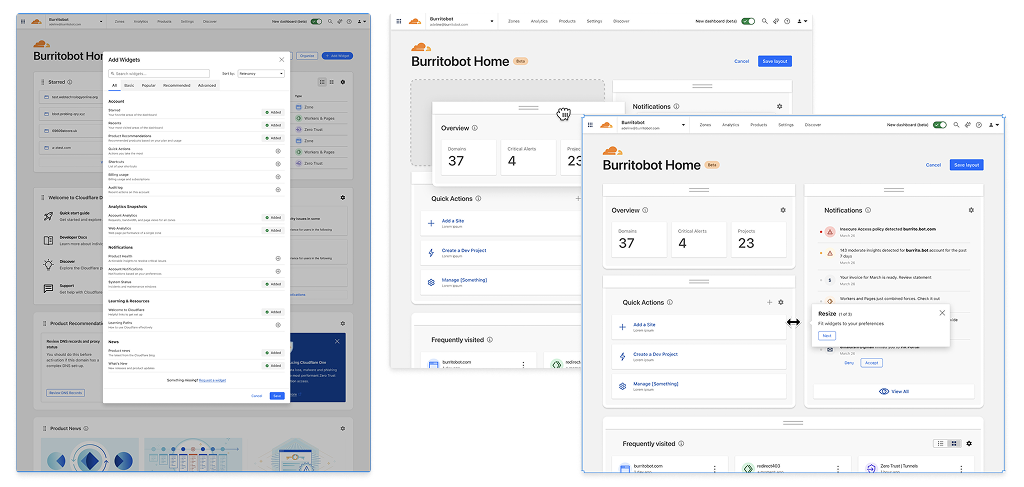 Early custom home explorations with layout, options, and widget ordering