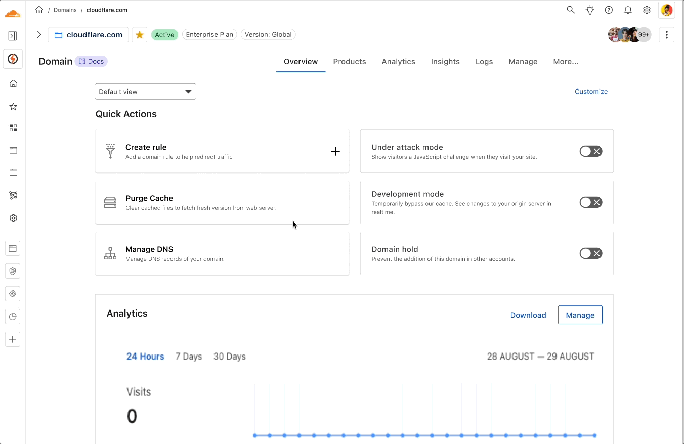 Domain overview with Quick Actions cards