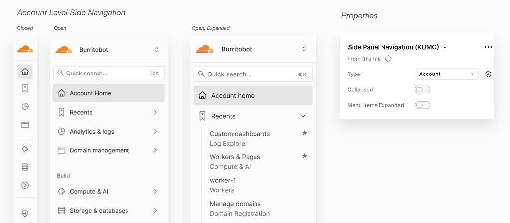 Side panel navigation: closed, open, and open-expanded states