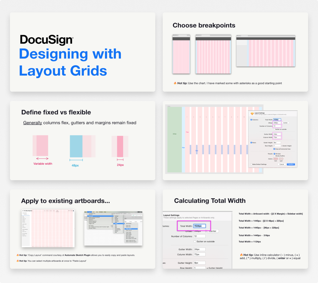 Designing with layout grids tutorial slides covering breakpoints, fixed vs. flexible columns, and total width calculations