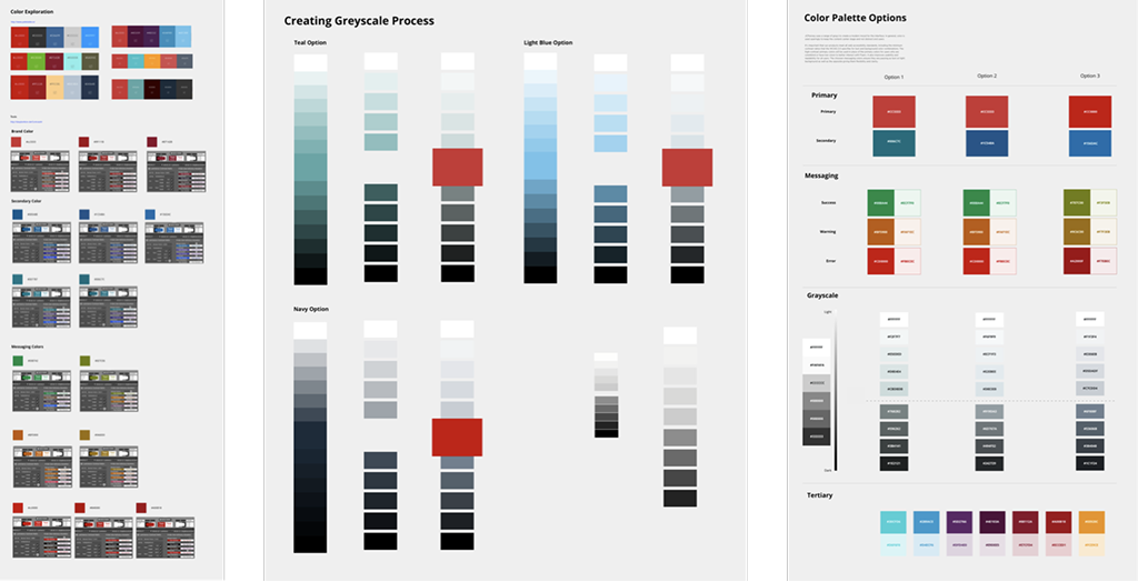 JCPenney color exploration and greyscale palette process across teal, light blue, and navy options