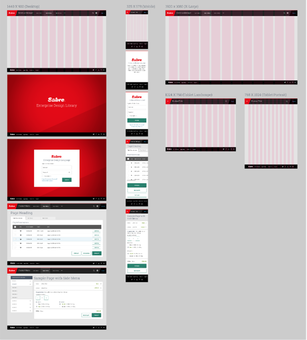 Sabre page templates and grid layouts across desktop, mobile, and tablet breakpoints
