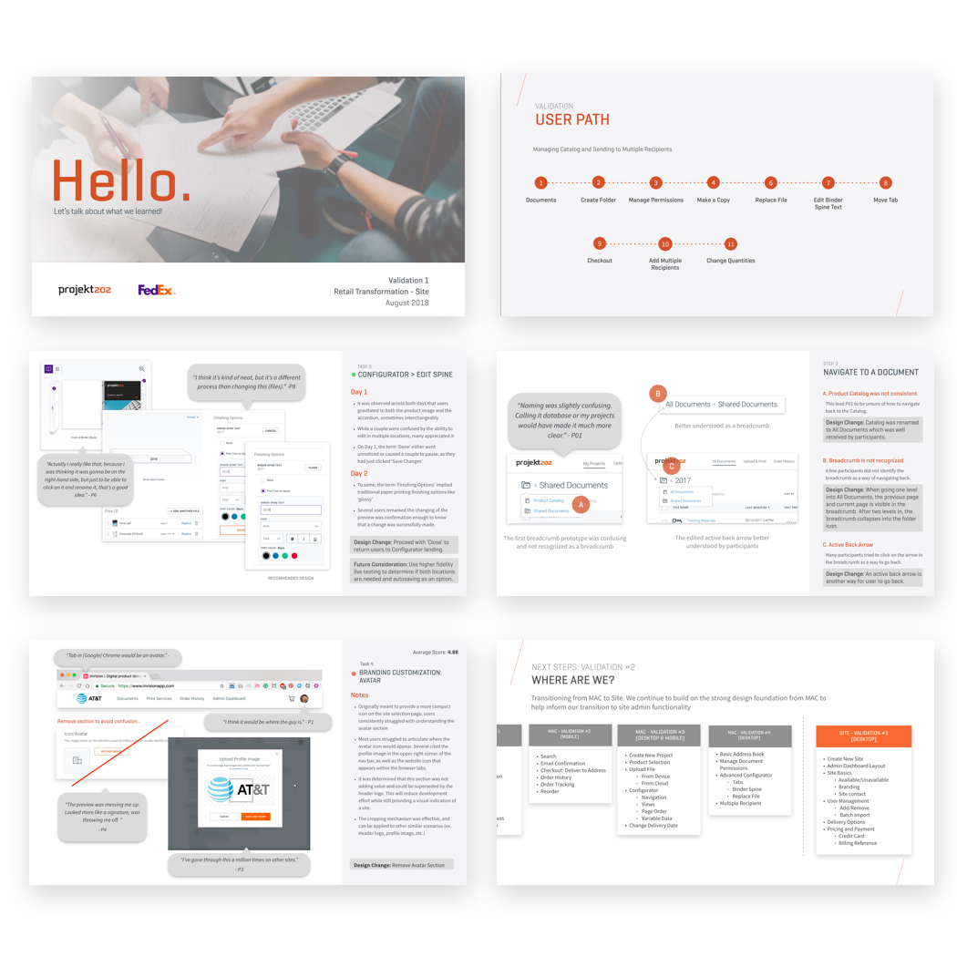 Multiple slide fo a design validation presentation