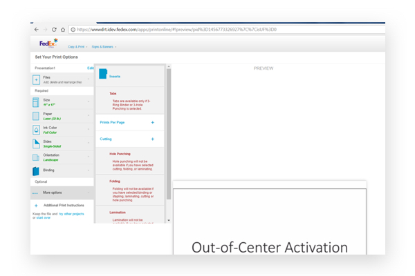 Legacy print online product screenshot of print product configurator