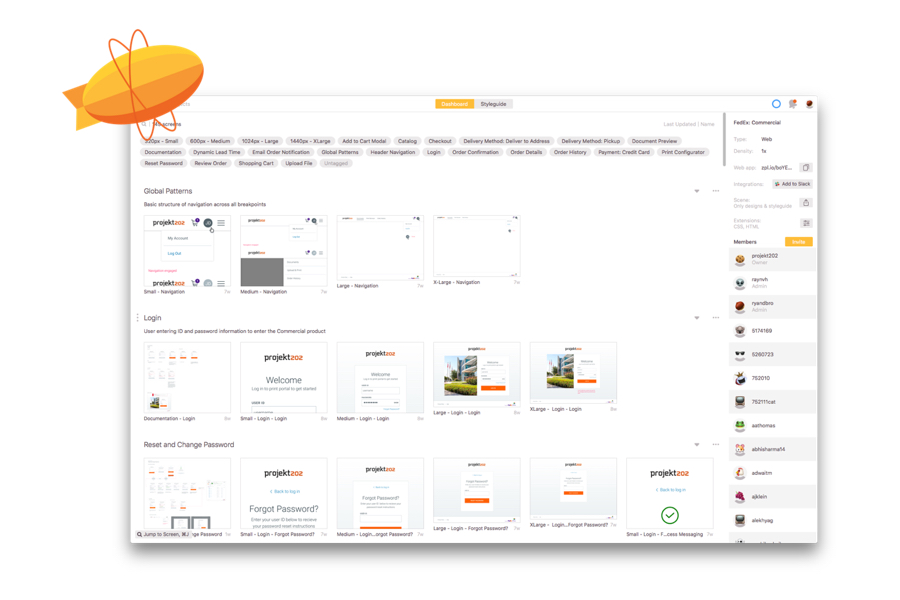 Zeplin project with categorized product sections