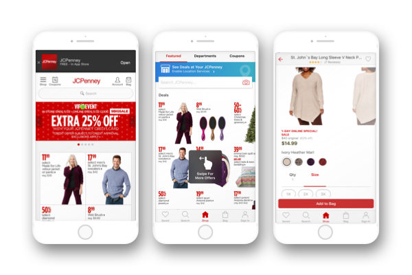 Various screenshot of the JCPenney mobile website
