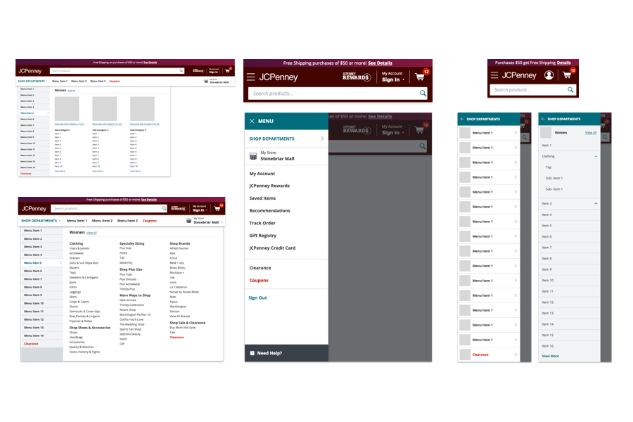 Various UI elements demonstrating the responzive behavior of the universal navigation