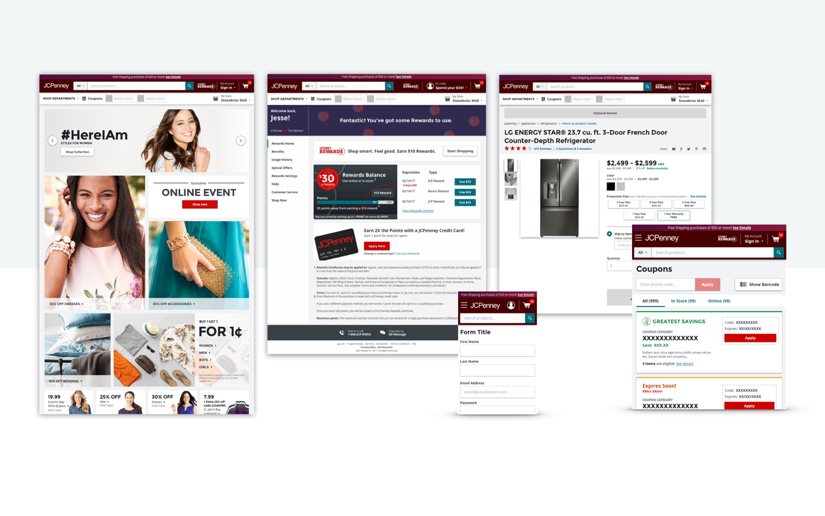 Variety of page types for product, coupons and homepage demnstrating the universal styling of UI throughout online applications
              