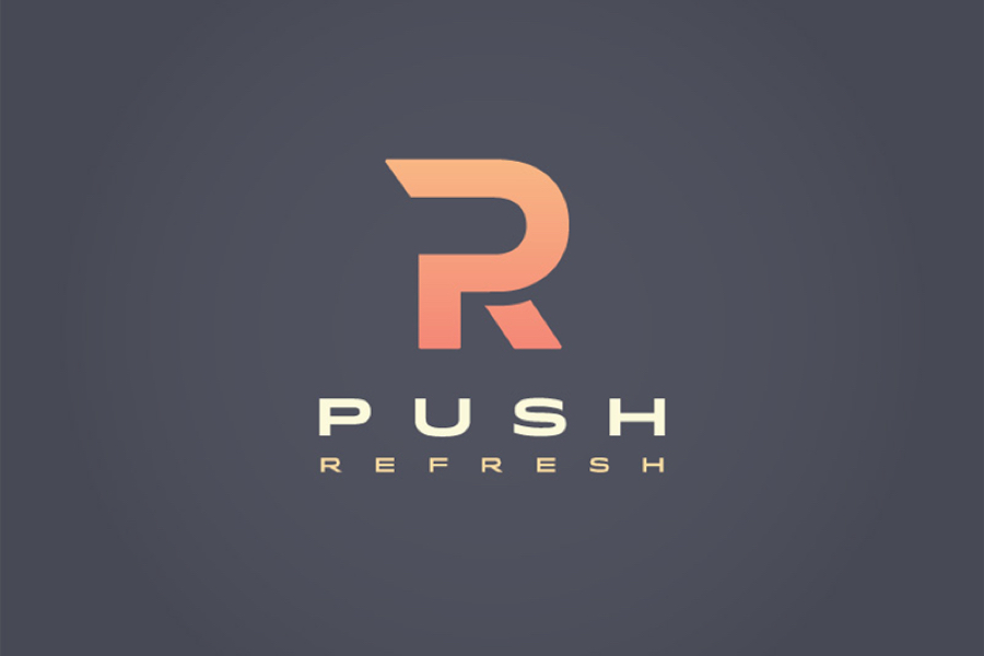 A P and R letter form combine to create a pink and peach gradient logo. Push Refresh is centered below in a flattened sans serif typeface.
