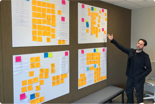 Man in black pants and black shirt presenting with his arm 4 posterboards with multi-colored post-it notes